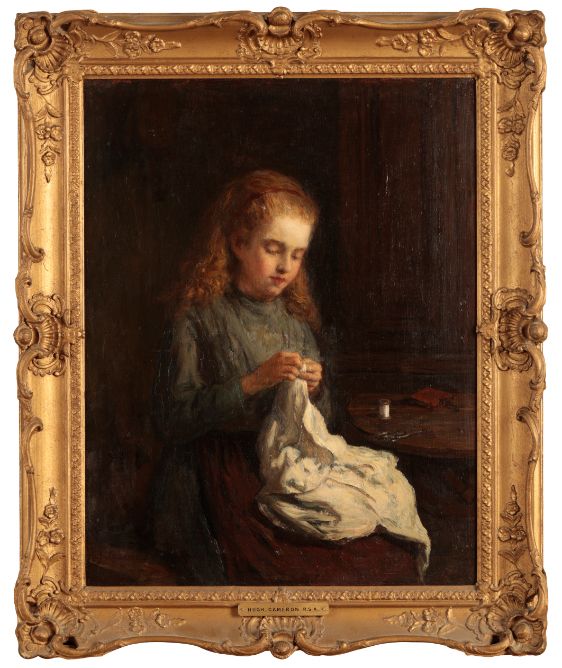 HUGH CAMERON (1835-1918) A young girl sewing in an interior