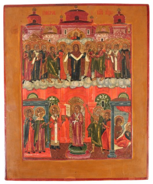 RUSSIAN SCHOOL, 19th century An icon of the protective veil of the Mother of God  (Pokrov)