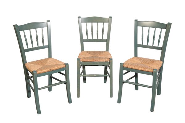 A SET OF EIGHT GREEN-PAINTED KITCHEN CHAIRS