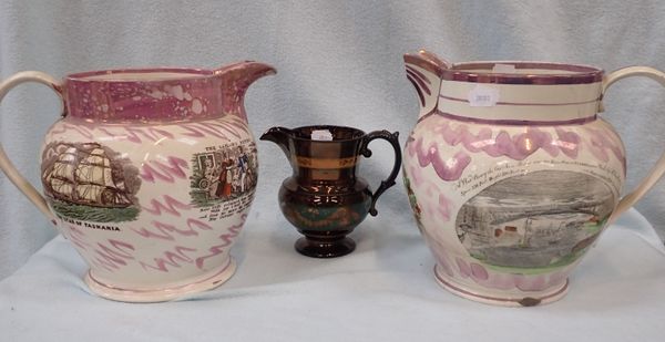 TWO SUNDERLAND LUSTRE JUGS, WITH TRANSFER SCENES