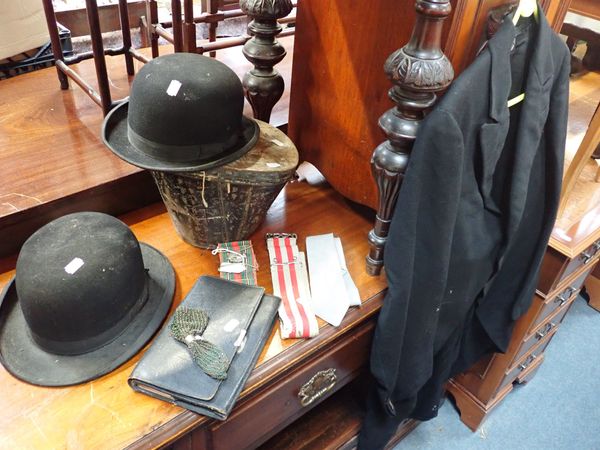 TWO BOWLER HATS AND A METAL HAT BOX