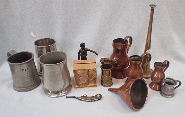 THREE PEWTER TANKARDS AND OTHER METALWARE