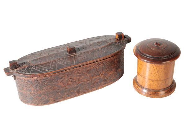 A 19TH CENTURY TREEN STRING BOX