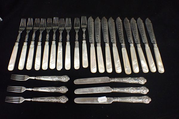 A PART SET OF SILVER AND MOTHER OF PEARL FISH EATERS