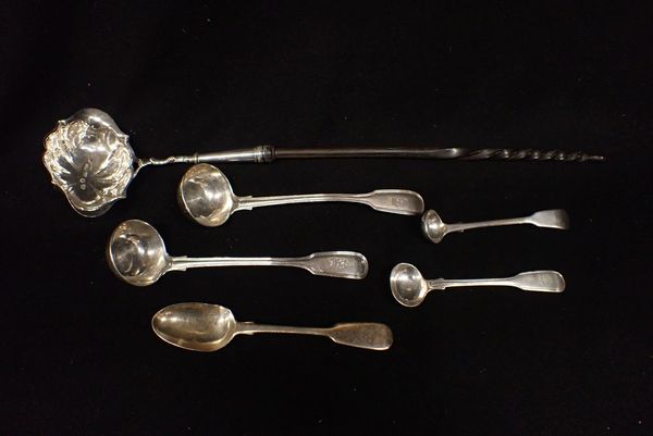 A PAIR OF SILVER VICTORIAN SAUCE LADLES AND A TODDY LADLE