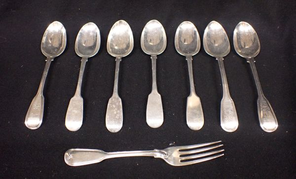 SEVEN SILVER TABLESPOONS AND ONE FORK