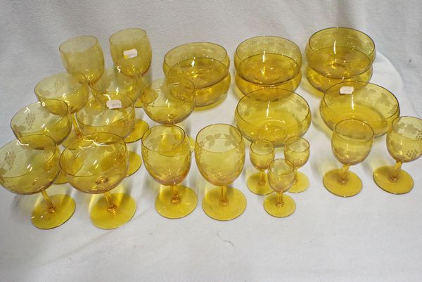 AN EDWARDIAN PART SUITE OF YELLOW DRINKING GLASSES