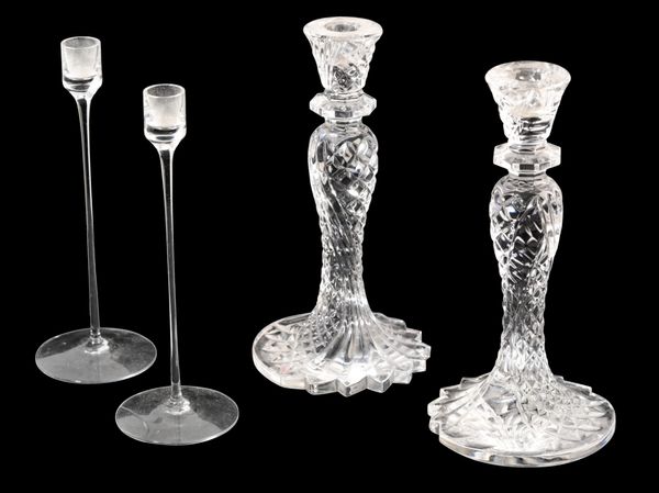 A PAIR OF CUT-GLASS TABLE CANDLESTICKS