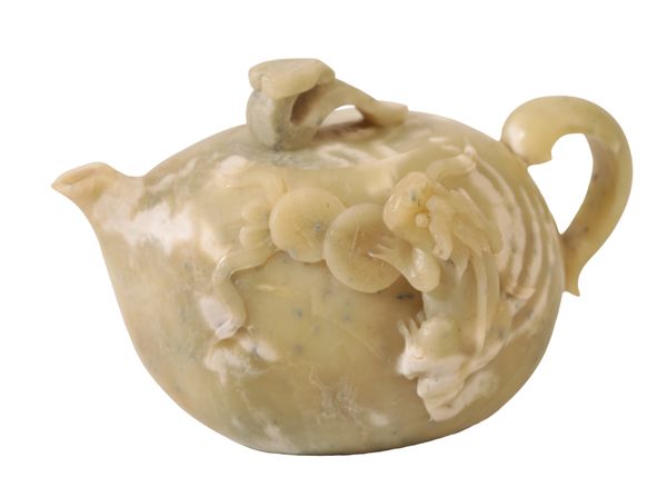A CHINESE GREEN SOAPSTONE TEAPOT