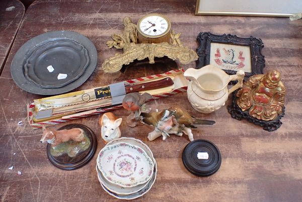 A GILT SPELTER CLOCK, CHINESE CERAMICS, PEWTER AND OTHER SUNDRIES