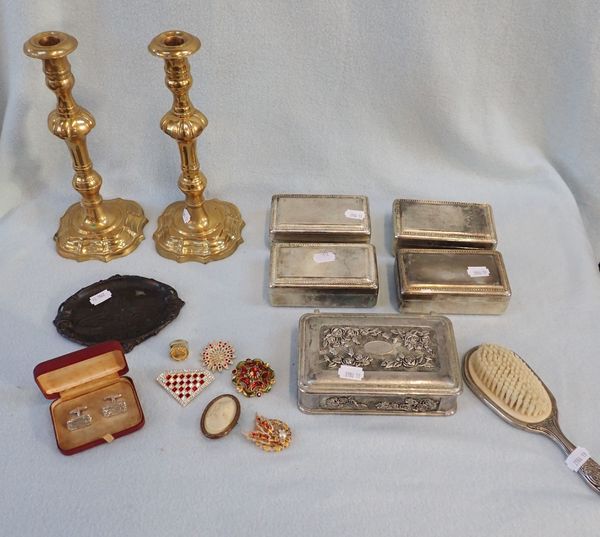 A PAIR OF BRASS CANDLESTICKS, SILVER-PLATED BOXES