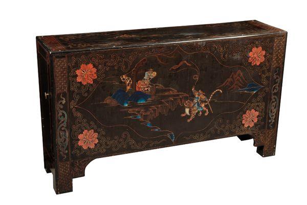 A BLACK AND POLYCHROME PAINTED SIDE CABINET