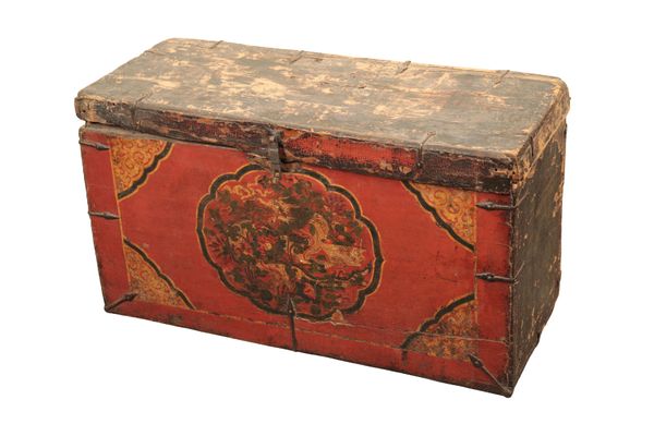 A TIBETAN PINE, COTTON AND PAINTED CHEST