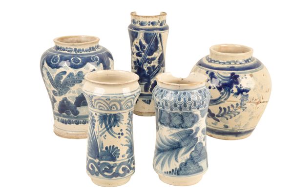 A GROUP OF FIVE BLUE AND WHITE FAIENCE VASES