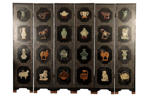 A CHINESE BLACK LACQUER SIX-FOLD SCREEN