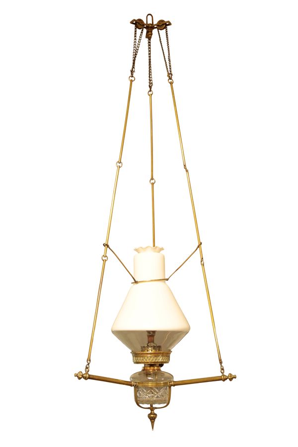 A VICTORIAN OIL LAMP, CONVERTED TO A CEILING LIGHT