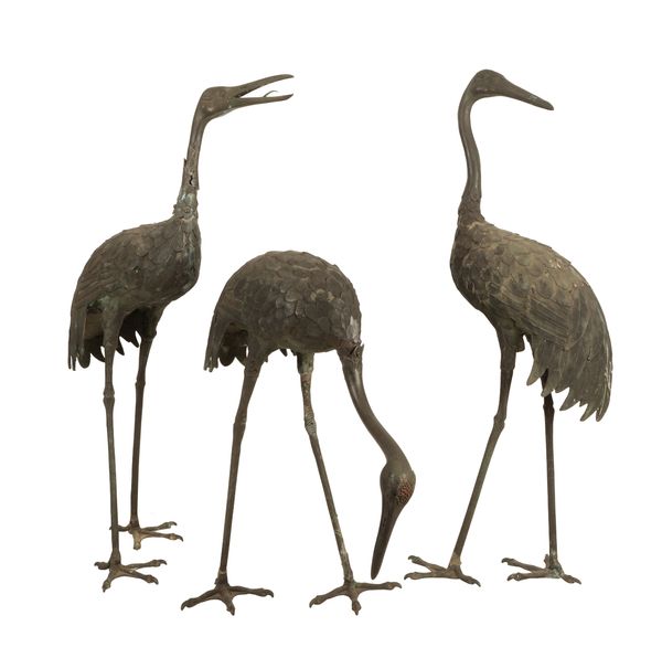 A GROUP OF THREE JAPANESE BRONZE METAL CRANES