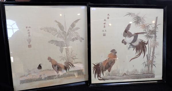 A PAIR OF JAPANESE SILKWORK PICTURES OF COCKERELS