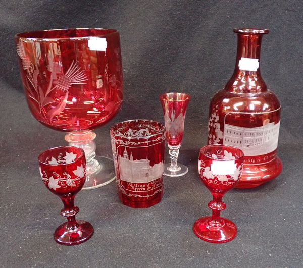 A LARGE RED RUMMER WITH OTHER COLOURED GLASS