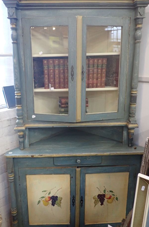A 19TH CENTURY FRENCH PROVINCIAL STYLE PAINTED CORNER DISPLAY CUPBOARD