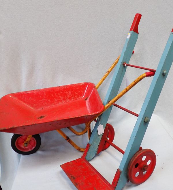 A VINTAGE TOY SACK BARROW, PAINTED BLUE AND RED