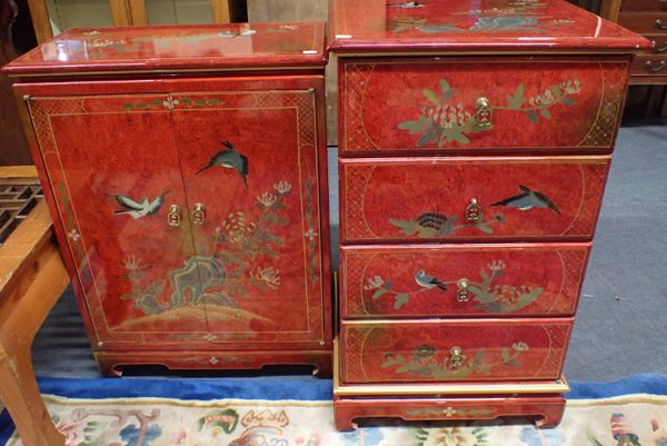 TWO MODERN CHINESE RED LACQUER CABINETS, PROFUSELY DECORATED