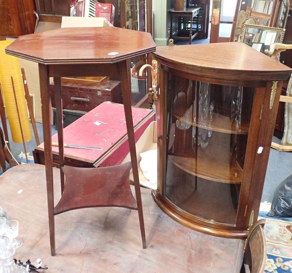 A MAHOGANY HEXAGONAL OCCASIONAL TABLE AND A BOW-FRONT  GLAZED CORNER CABINET