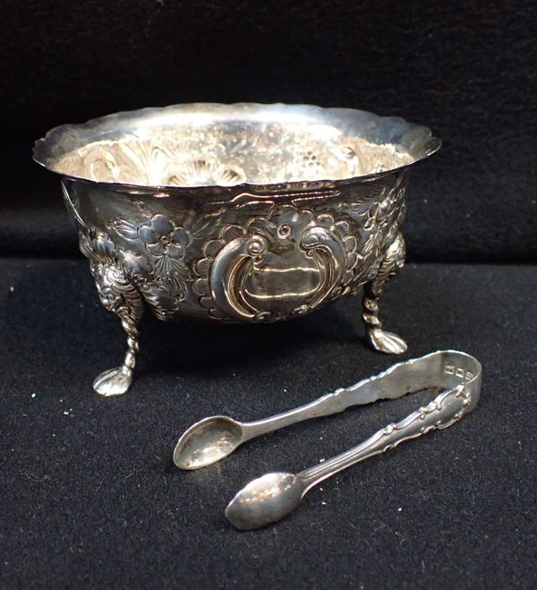 A SILVER SUGAR BOWL WITH SILVER SUGAR TONGS