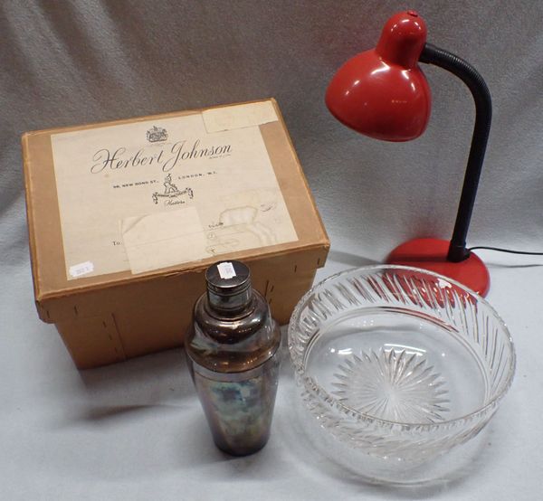 A 1980S ADJUSTABLE LAMP, A PLATED COCKTAIL SHAKER