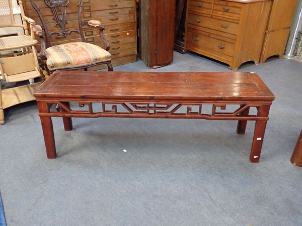 A CHINESE BENCH, A CHINESE COFFEE TABLE, AND A METAL COFFEE TABLE FRAME