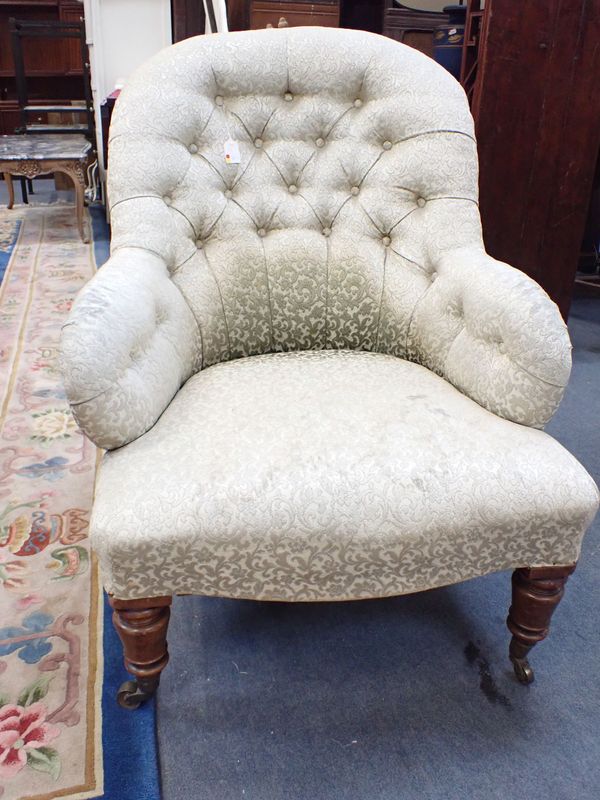 A VICTORIAN IRON-FRAMED UPHOLSTERED PARLOUR CHAIR