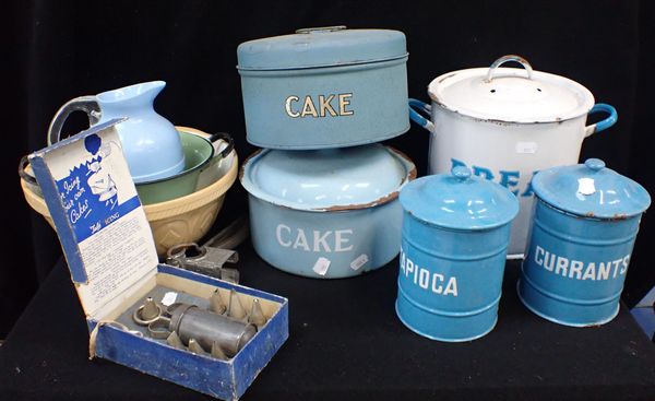A COLLECTION OF ENAMELLED KITCHEN TINS