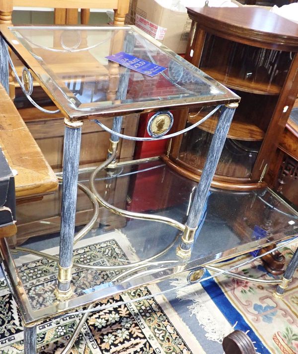 TWO GLASS-TOPPED GILDED METAL  TABLES