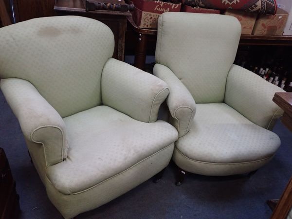 TWO SIMILAR EDWARDIAN UPHOLSTERED ARMCHAIRS