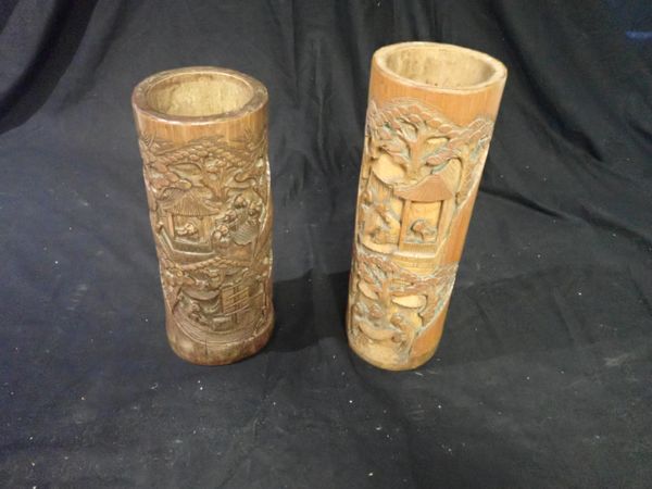 A PAIR OF MATCHED CHINESE BAMBOO BRUSH POTS