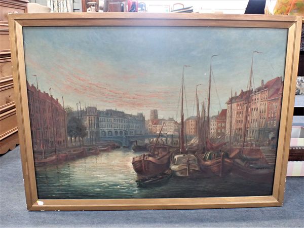 A CONTINENTAL CITY HARBOUR, WITH MOORED BOATS, OIL ON CANVAS