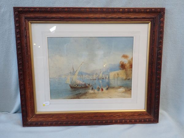 MEDITERRANEAN SCENE, WITH FISHING BOATS, WATERCOLOUR, 19TH CENTURY