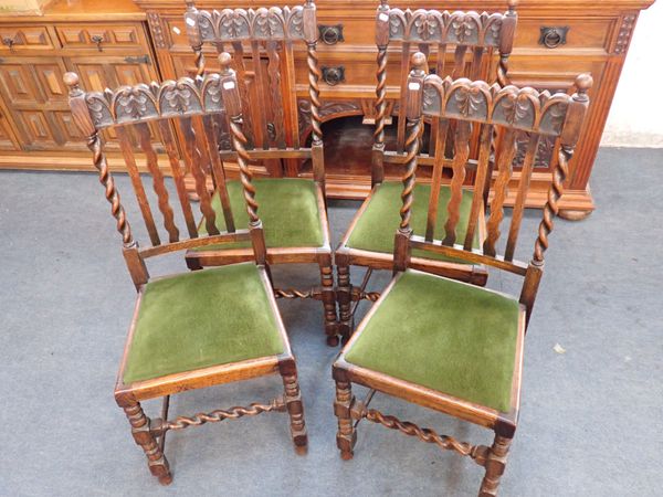 FOUR 1920S OAK 'JACOBETHAN' STYLE DINING CHAIRS