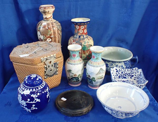 A PAIR CHINESE VASES AND A BLUE AND WHITE PRUNUS GINGER JAR