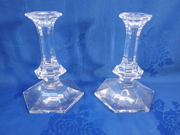 A PAIR OF 'VAL DIFFUSION'  HEXAGONAL GLASS CANDLESTICKS