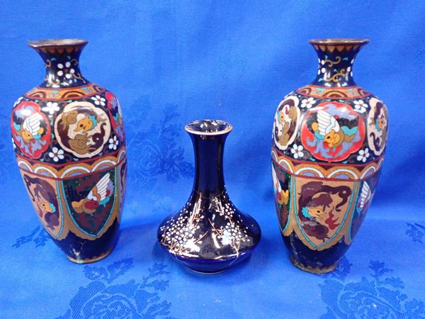 A PAIR OF CLOISONNE VASES, OF HEXAGONAL BALUSTER FORM