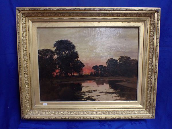 OIL ON CANVAS STUDY OF A RIVER SCENE AT SUNSET