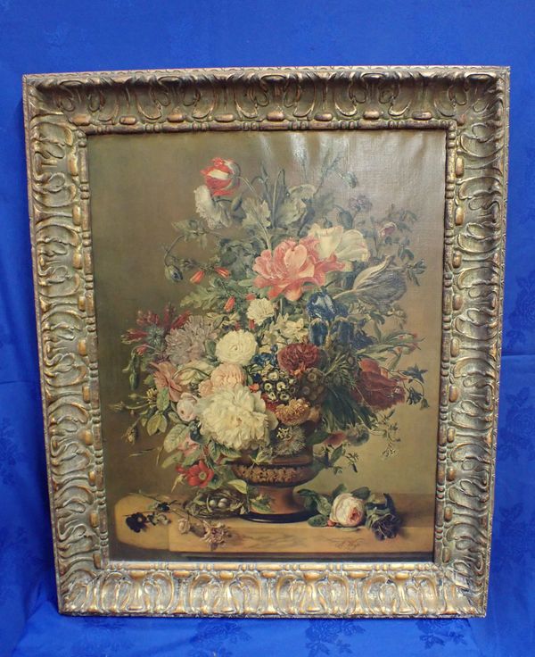 A FLORAL OLEOGRAPH IN A MOULDED AND GILT FRAME