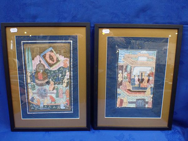 TWO 19TH CENTURY INDO-PERSIAN PAINTINGS ON SILK OF COURTLY SCENES