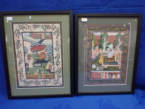 TWO 19TH CENTURY INDO-PERSIAN PAINTINGS ON SILK OF COURTLY SCENES