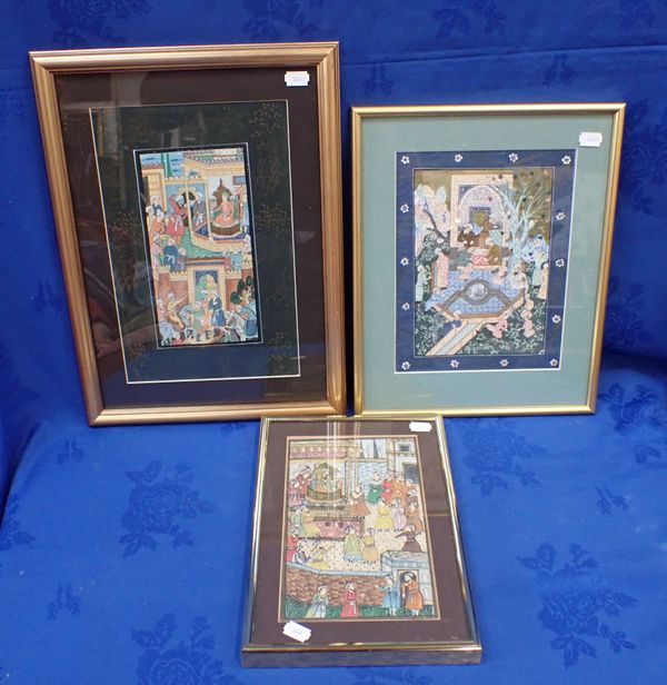 THREE 19TH CENTURY INDIO-PERSIAN PAINTINGS ON SILK OF COURTLY SCENES