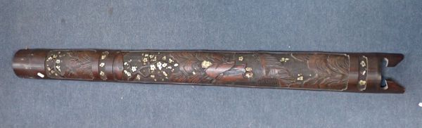 A JAPANESE CARVED SECTION OF BAMBOO, WITH MOTHER OF PEARL DETAIL