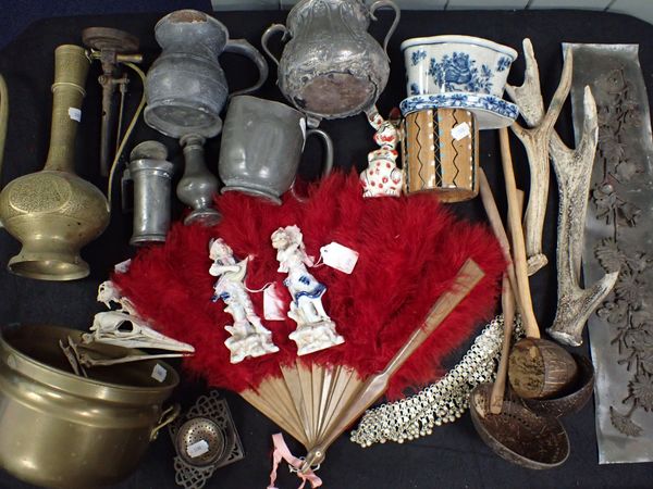 A RED FEATHER FAN, BELLY DANCER'S BELLS, PEWTER WARE