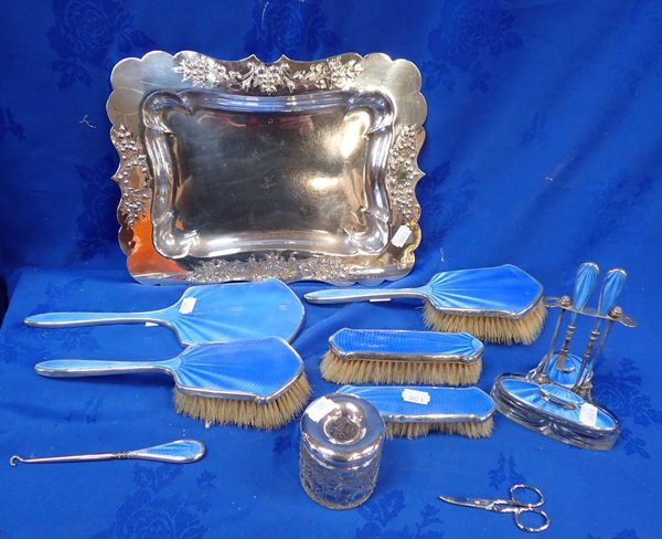 SILVER AND BLUE ENAMELLED DRESSING TABLE SET