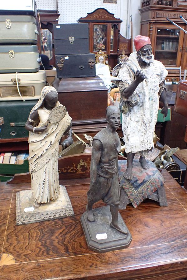 THREE EASTERN THEMED SPELTER FIGURES, LATE 19TH CENTURY